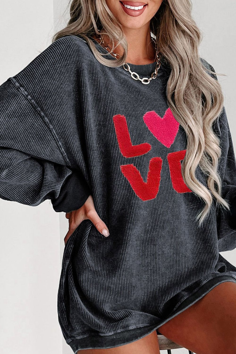 Women Valentine’s Day LOVE Round Neck Long Sleeve Sweatshirt NicholesGifts