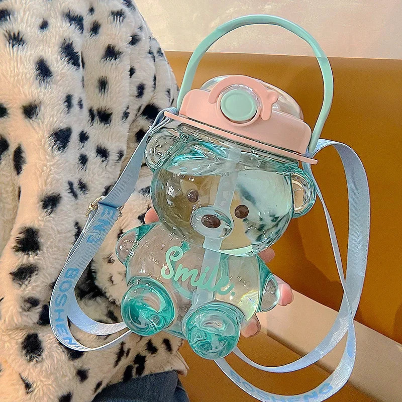 Cute Bear 1000ml Water Bottle - 2-in-1 Straw Cup for Kids, BPA Free & Leakproof - Perfect for School & Sports Gifts!