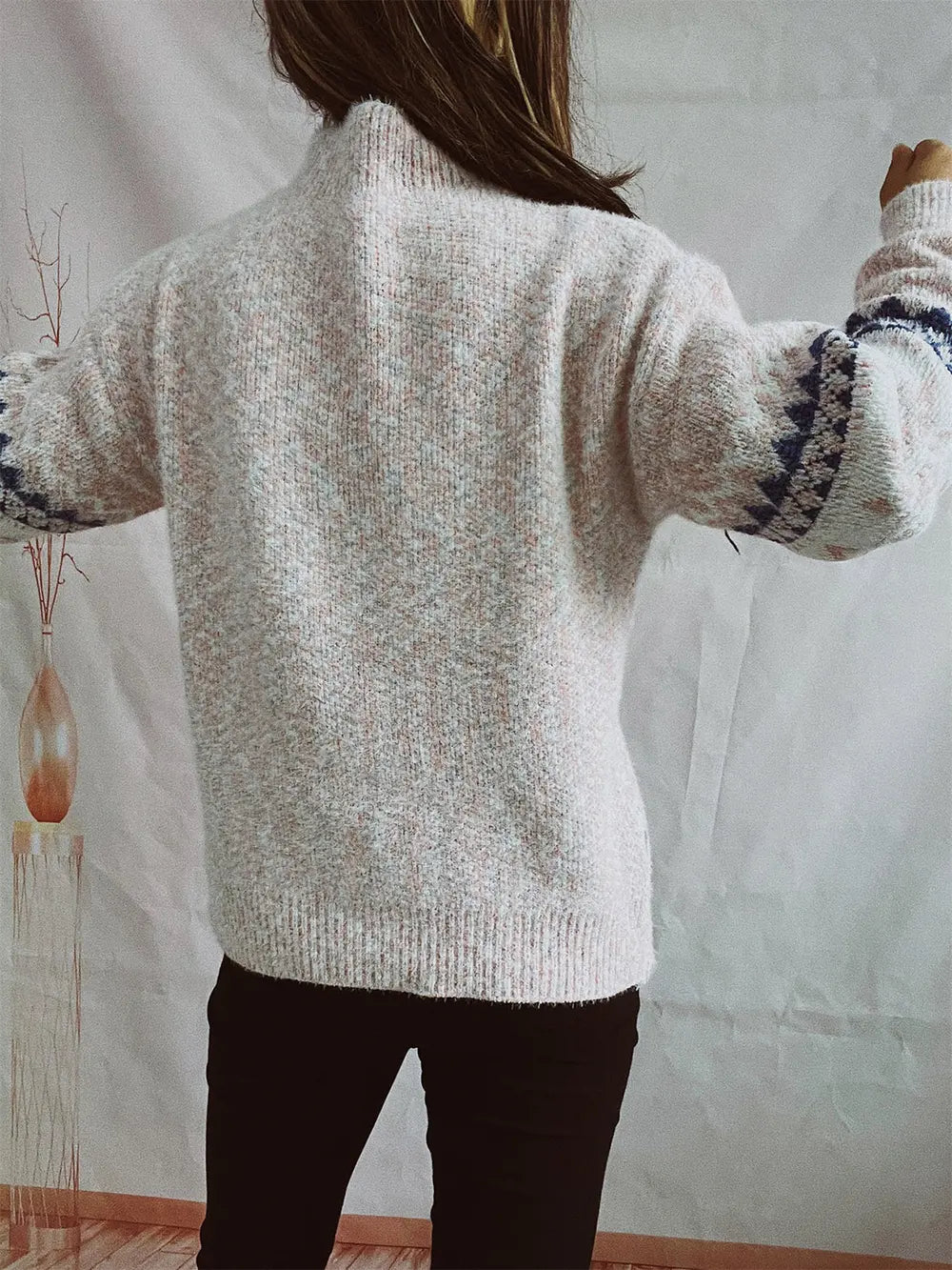Geometric Mock Neck Dropped Shoulder Sweater Trendsi