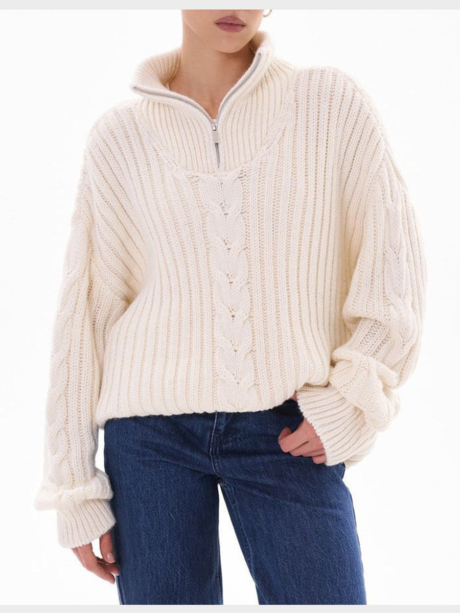 Ribbed Half Zip Long Sleeve Sweater Trendsi