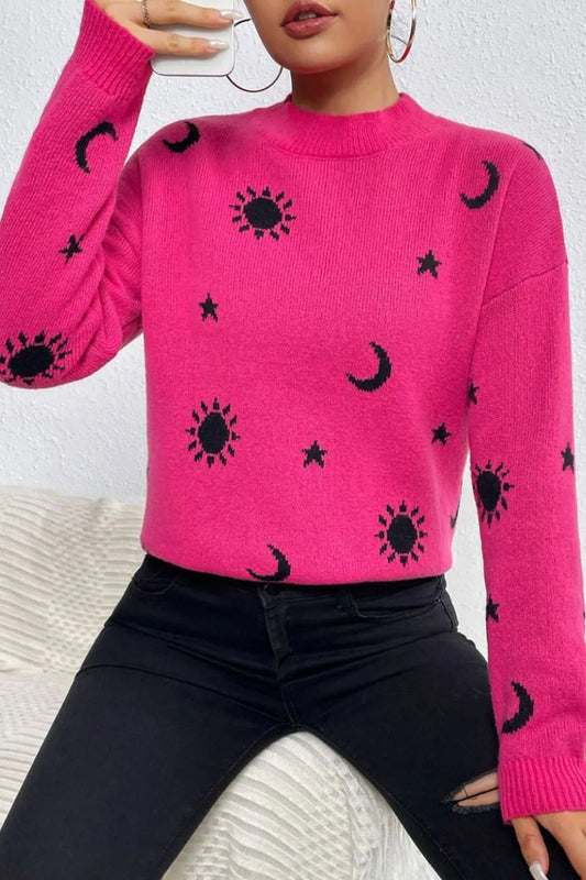 Women Graphic Mock Neck Dropped Shoulder Sweater