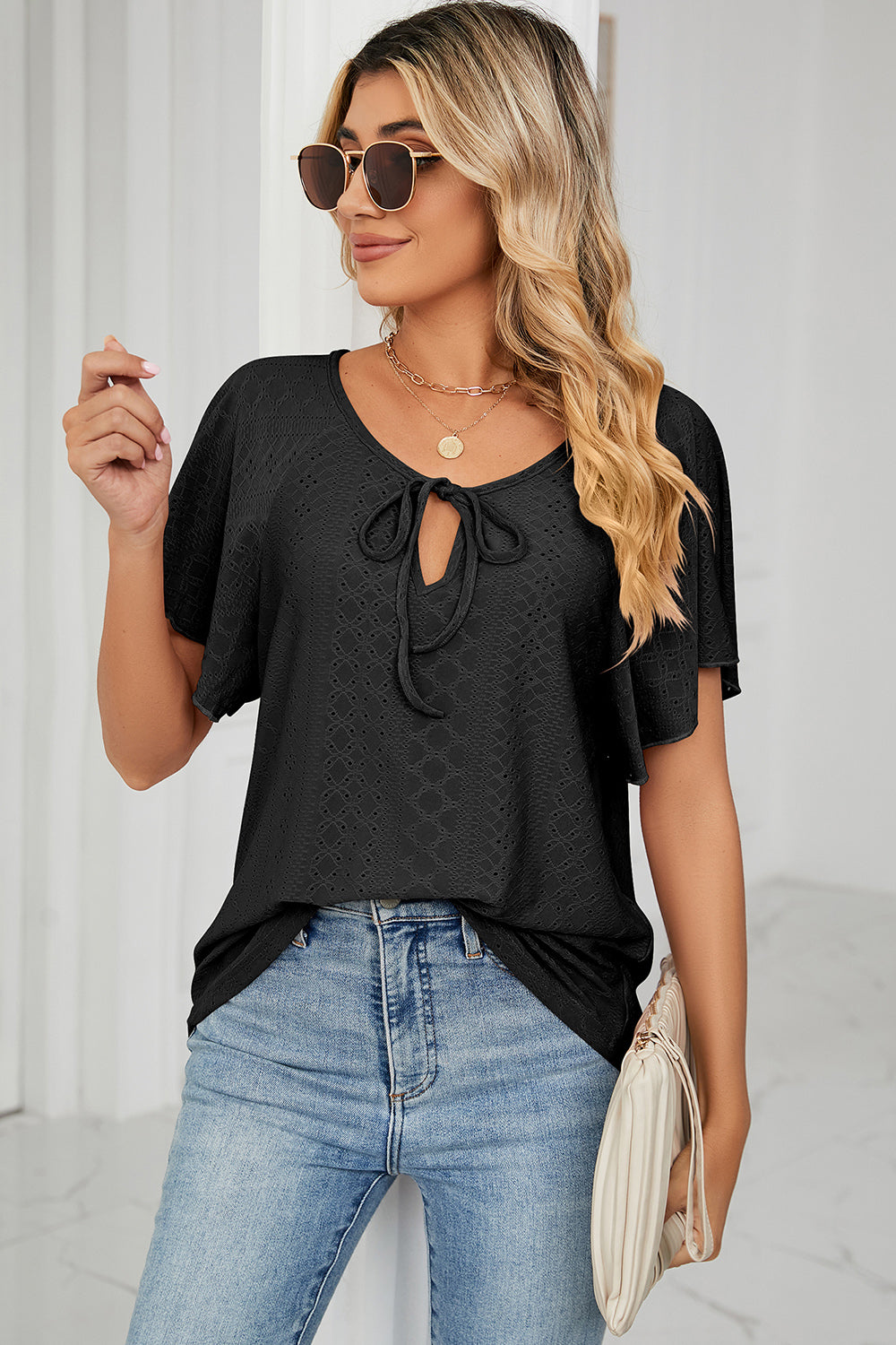 Eyelet Tie Neck Flutter Sleeve Blouse nicholesgifts