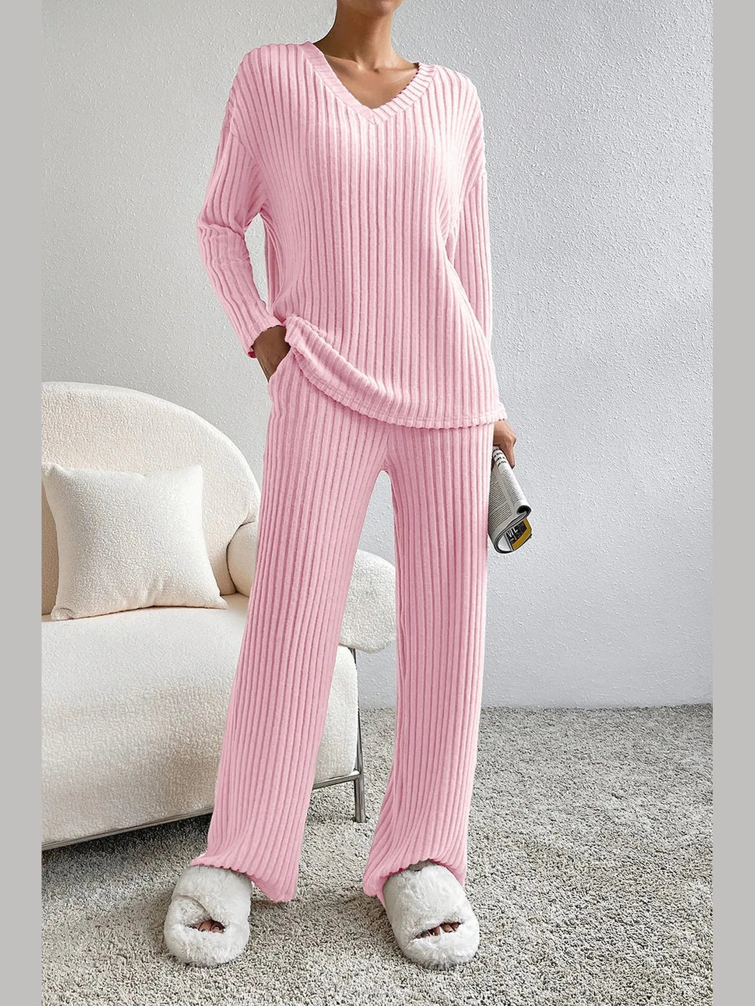 Ribbed V-Neck Top and Pants Lounge Set nicholesgifts