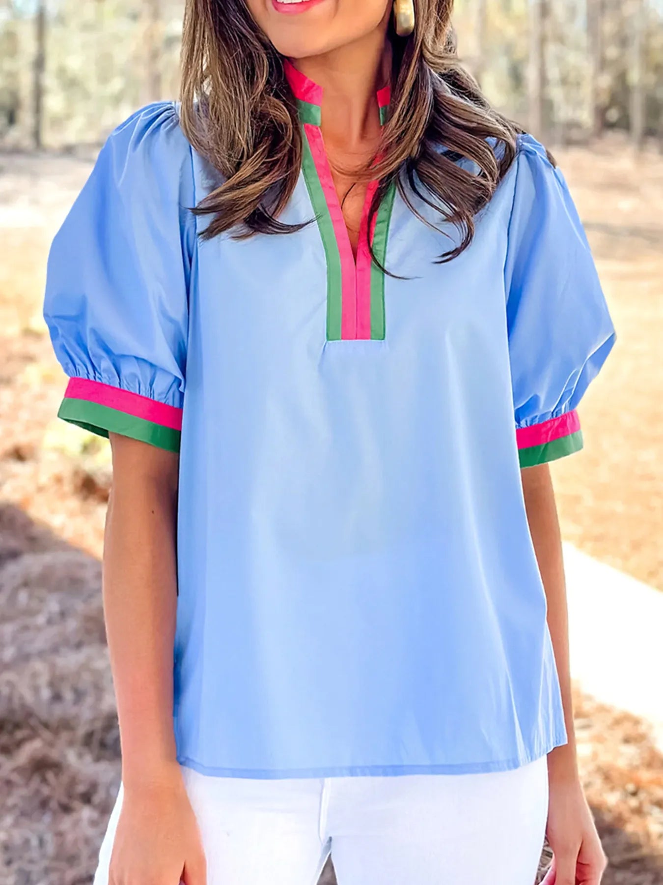 Contrast Trim Notched Short Sleeve Blouse NicholesGifts