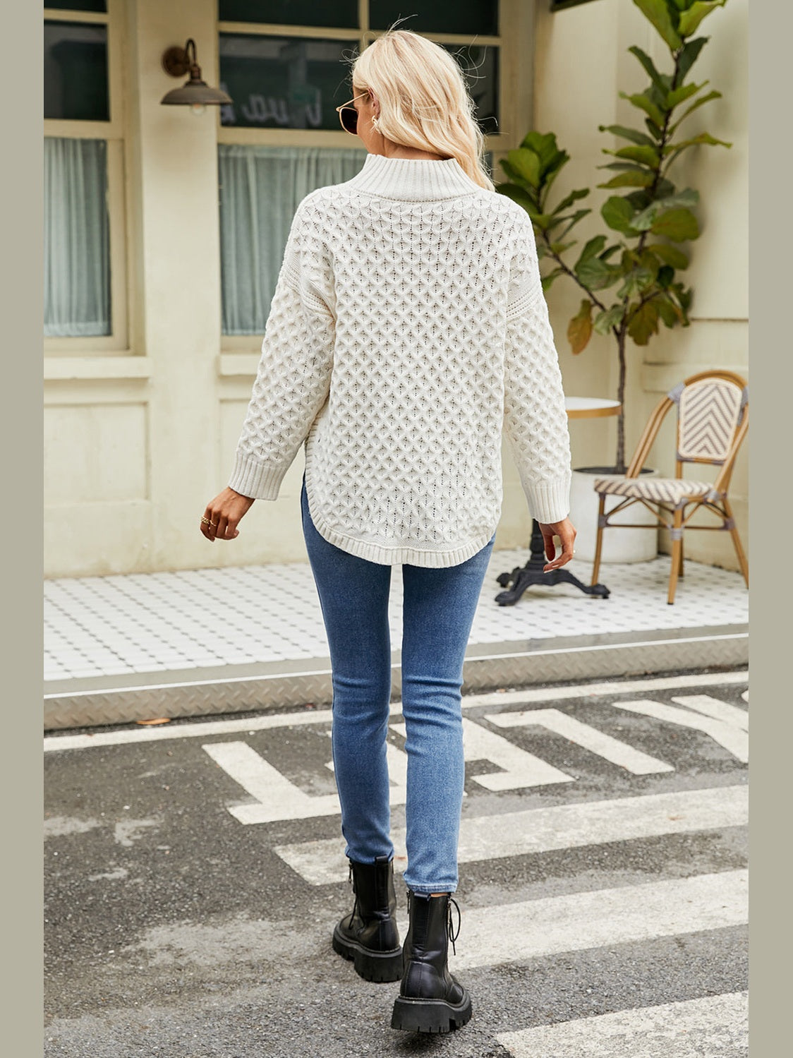 Slit Long Sleeve Mock Neck Sweater Trendsi