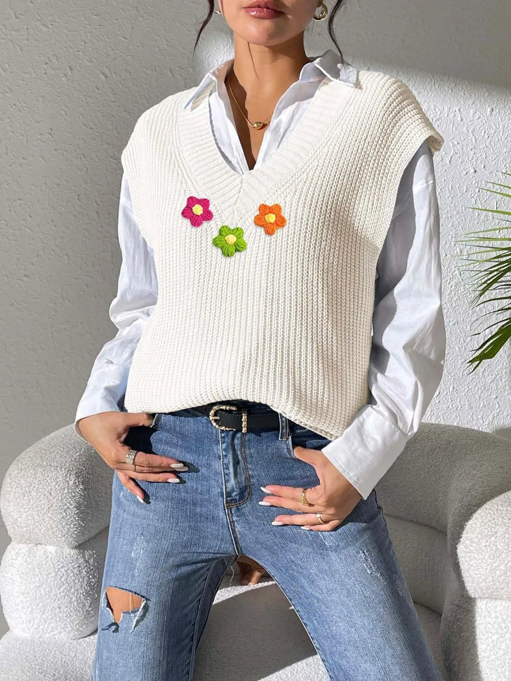 Flower V-Neck Sweater Vest nicholesgifts