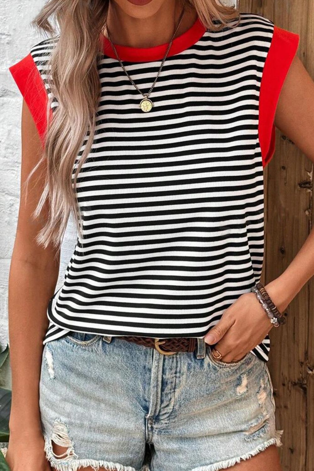 Striped Round Neck Cap Sleeve Top nicholesgifts