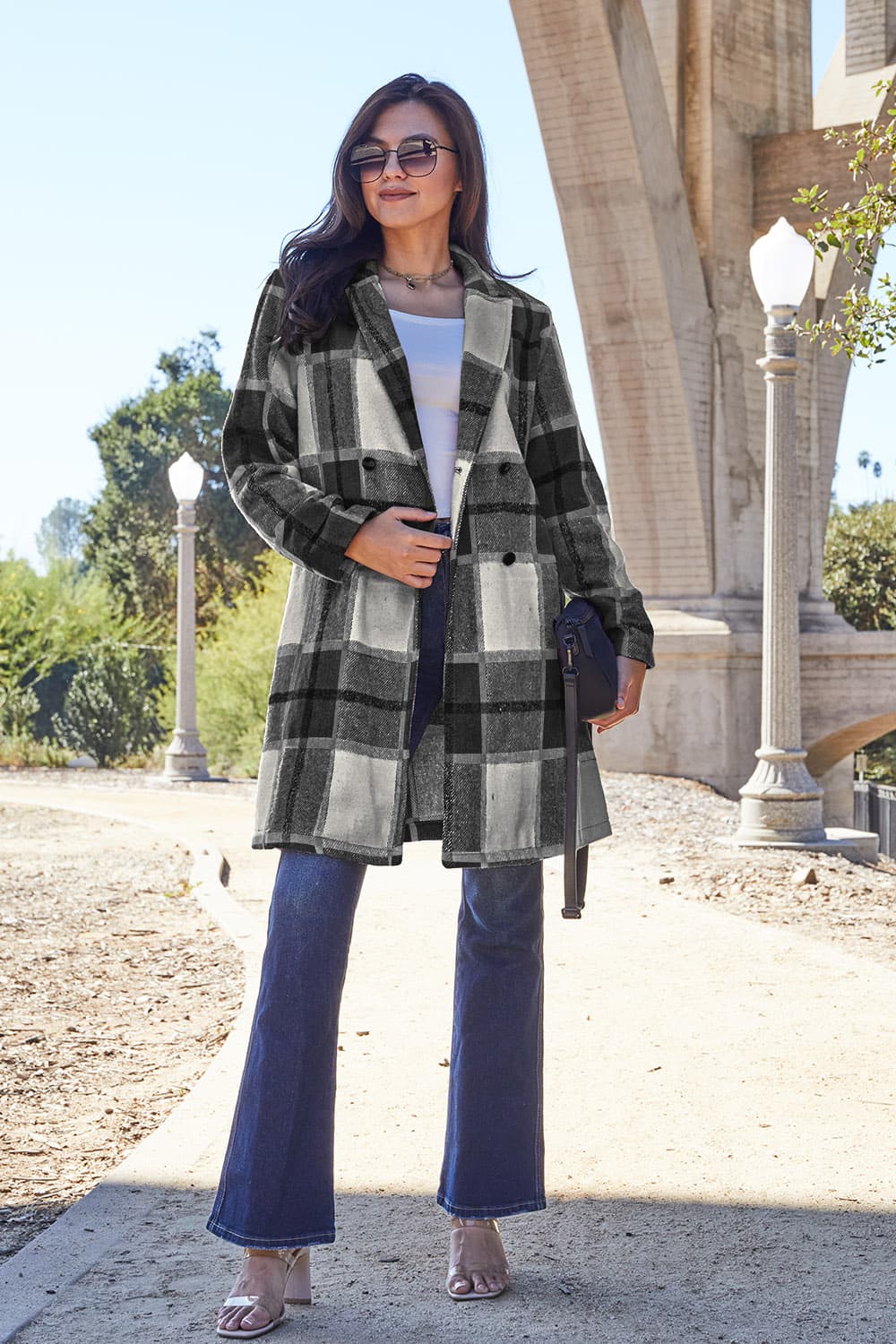 Double Take Full Size Plaid Button Up Lapel Collar Coat nicholesgifts