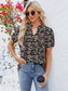 Women Ruched Printed Notched Short Sleeve Blouse nicholesgifts