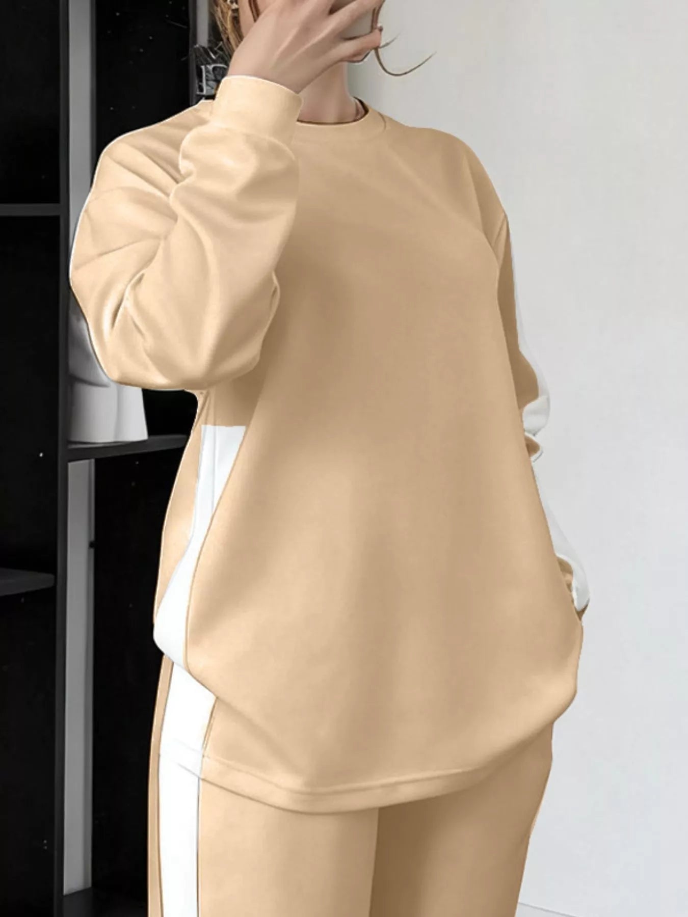 Full Size Contrast Round Neck Top and Pants Set Plus Size nicholesgifts
