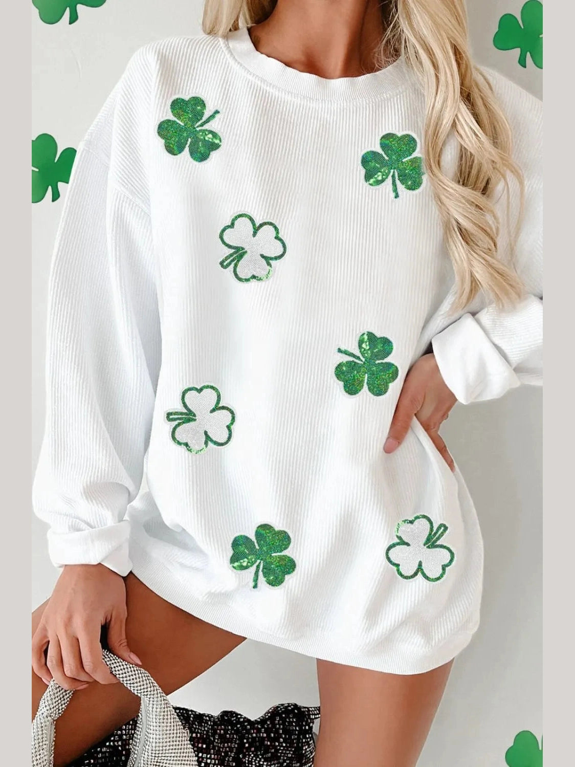 Sequin Lucky Clover Round Neck Long Sleeve Sweatshirt nicholesgifts