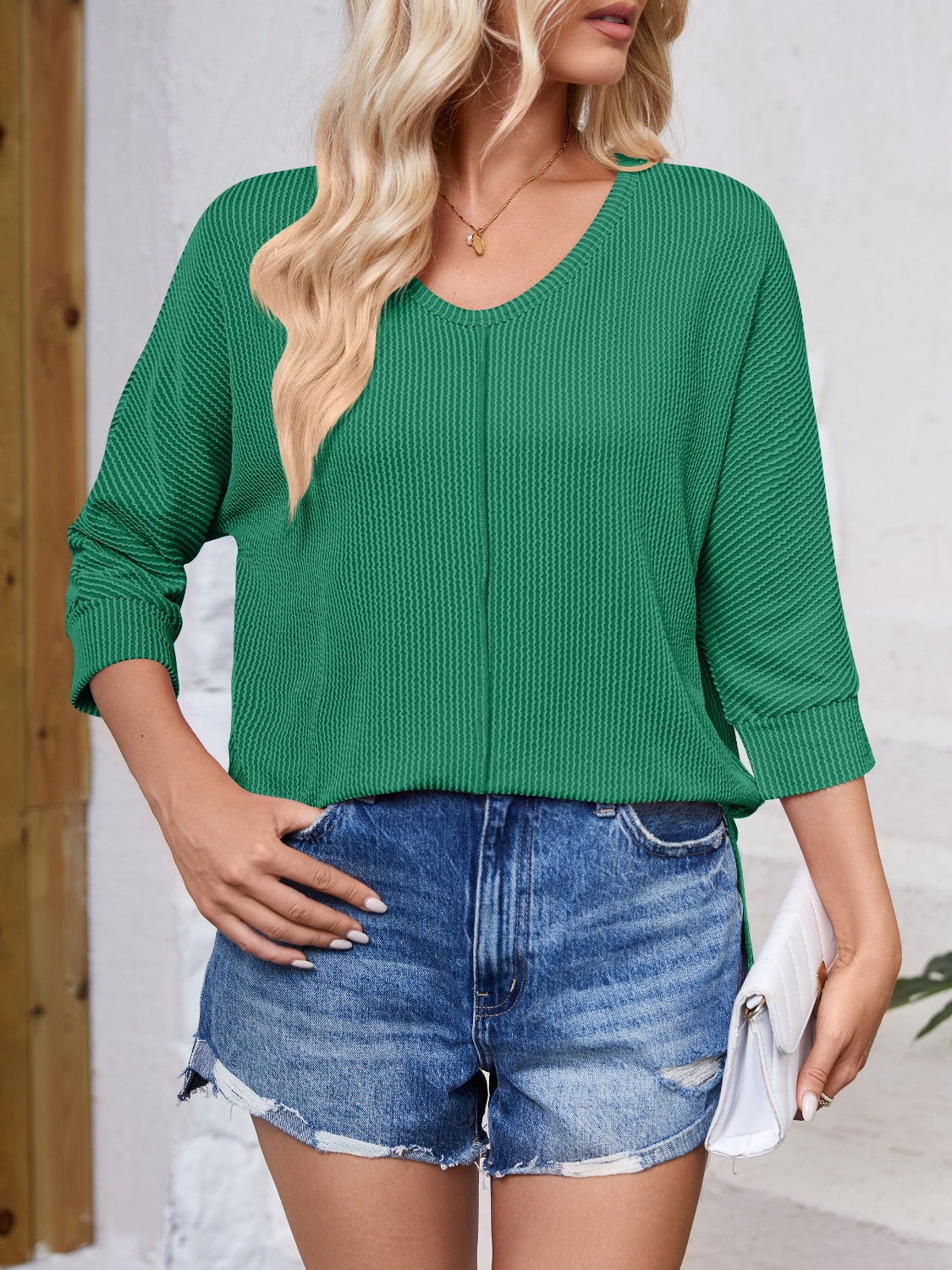 Textured Round Neck Three-Quarter Sleeve Blouse nicholesgifts