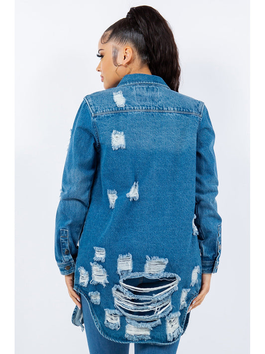 American Bazi Distressed Button Up Long Sleeve Denim Jacket nicholesgifts