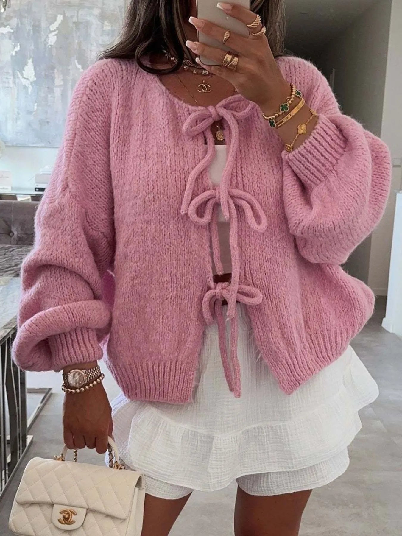 Cozy Bow-Tie Front Knit Cardigan
