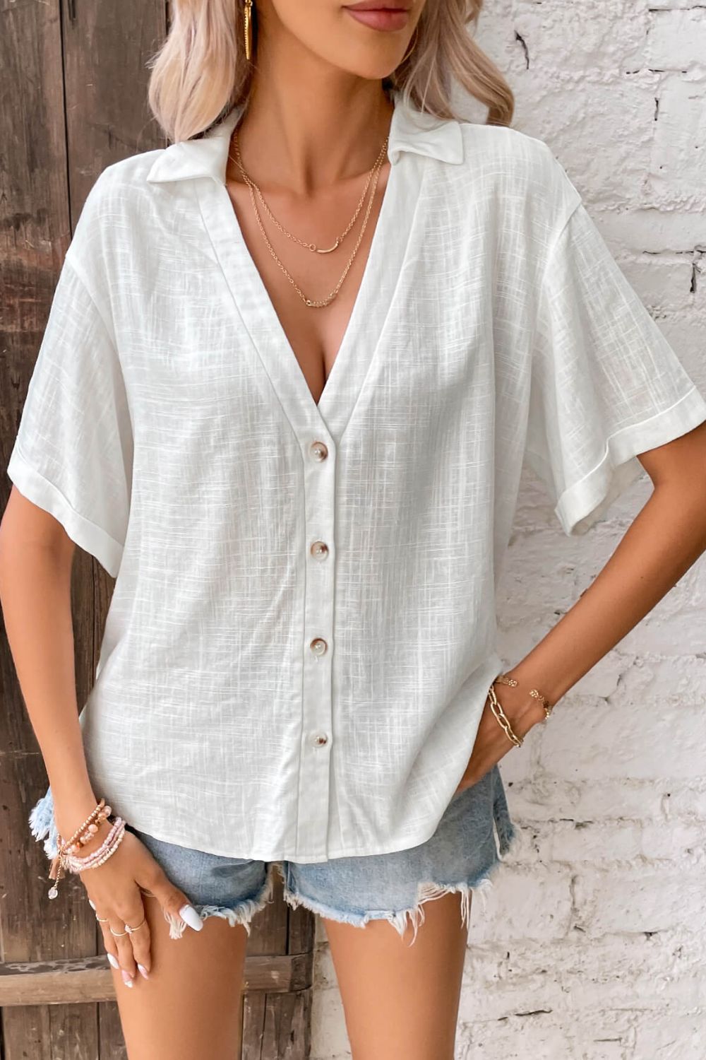 Women Button Front Johnny Collared Blouse nicholesgifts