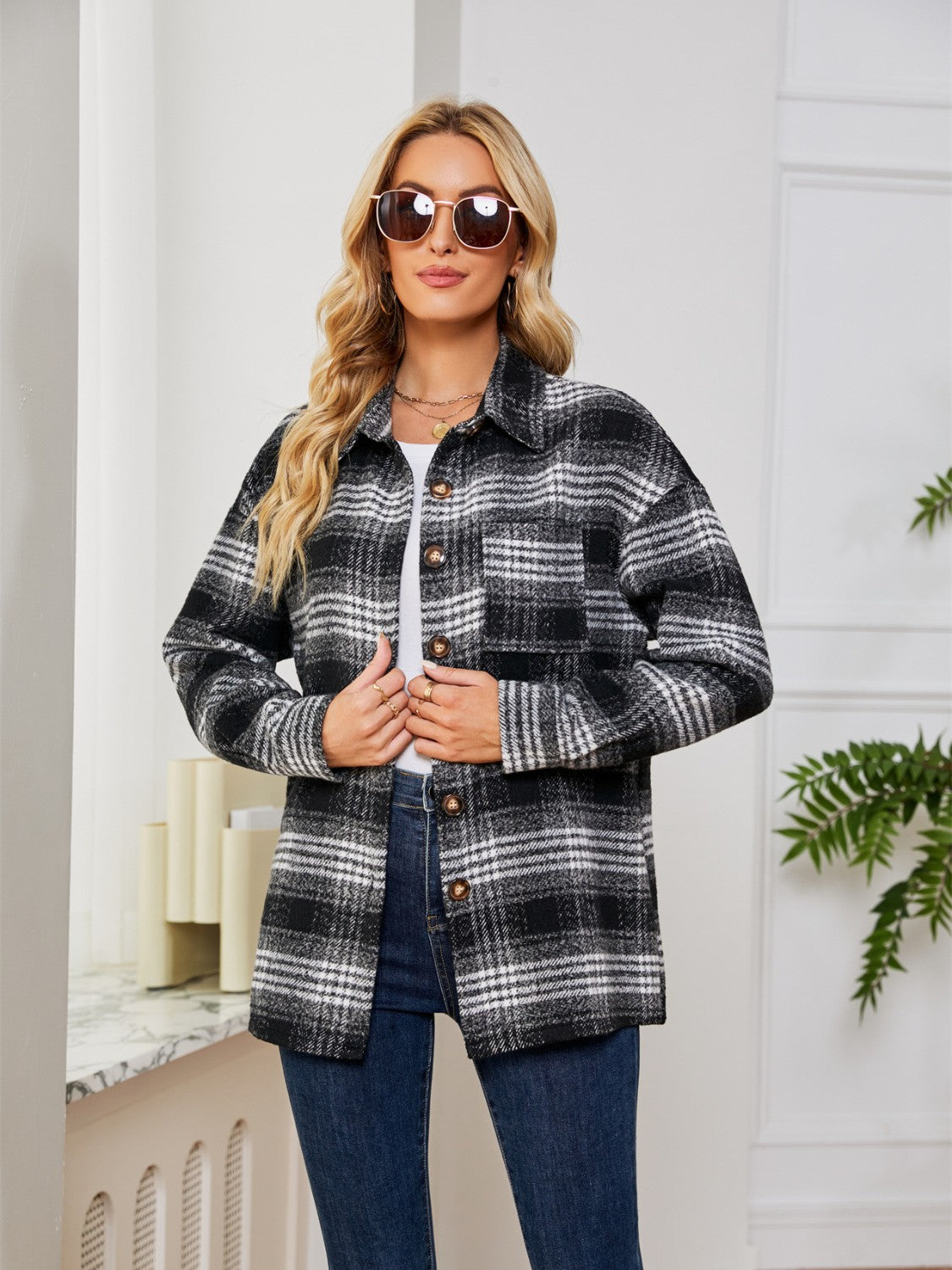 Plaid Collared Shirt Jacket nicholesgifts