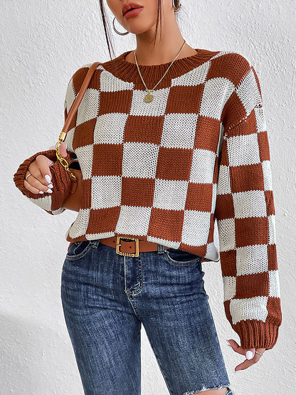 Checkered Round Neck Sweater Trendsi