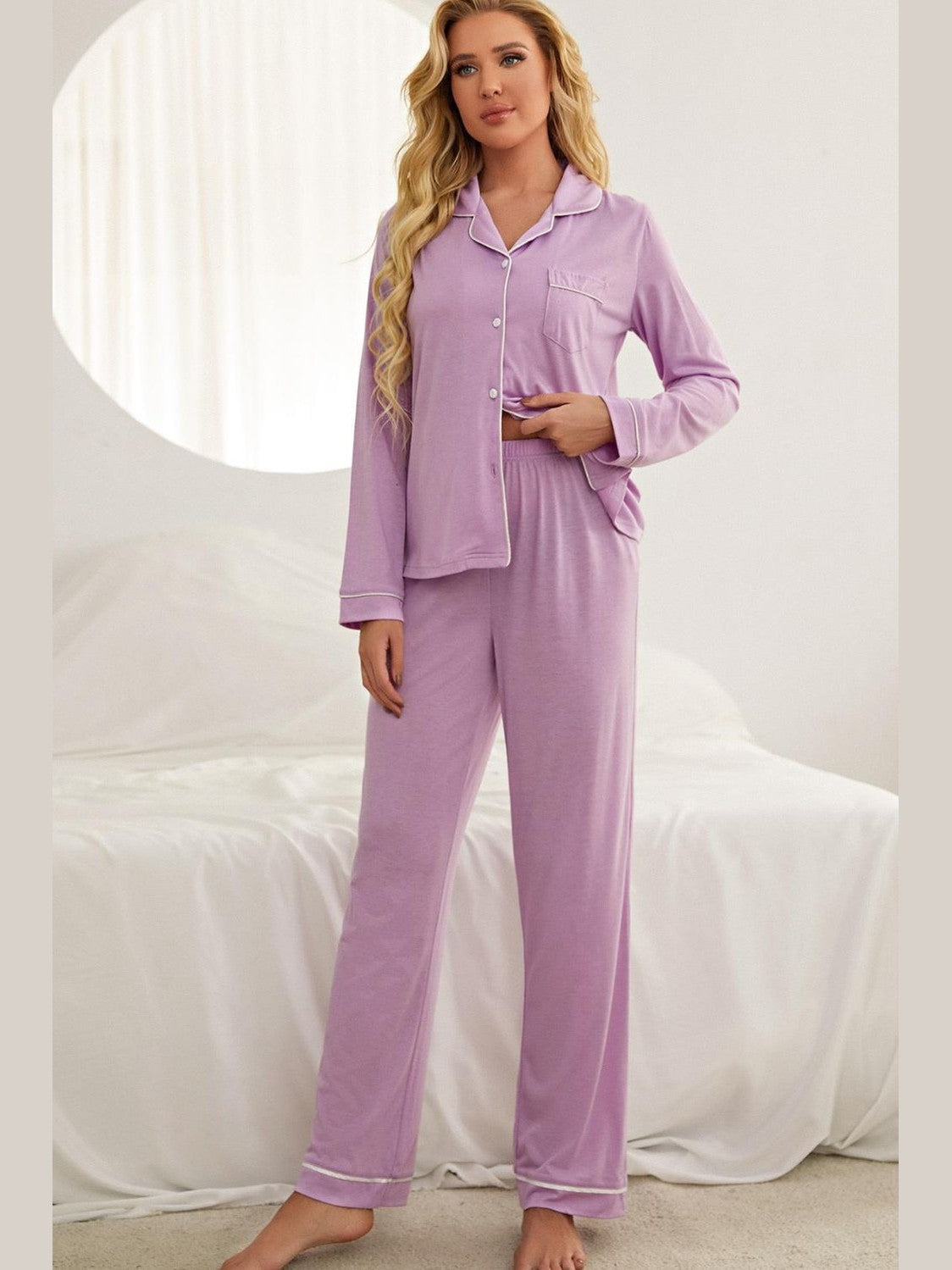 Contrast Piping Button Down Top and Pants Loungewear Set nicholesgifts
