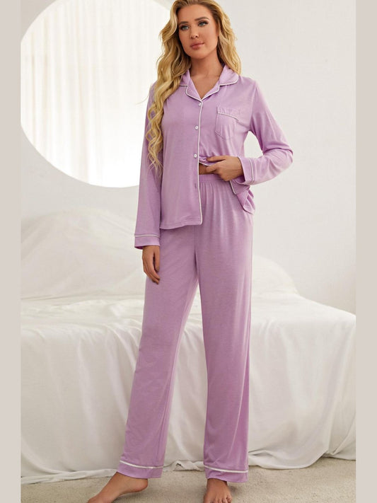 Contrast Piping Button Down Top and Pants Loungewear Set nicholesgifts