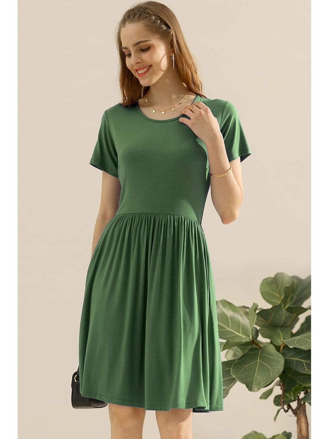 Ninexis Full Size Round Neck Ruched Dress with Pockets nicholesgifts