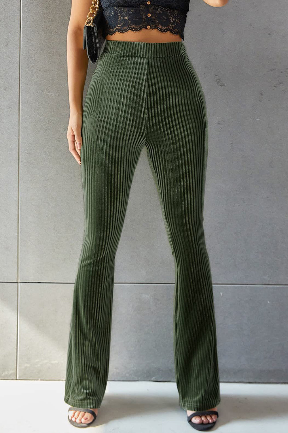 Women Ribbed High Waist Flare Pants nicholesgifts