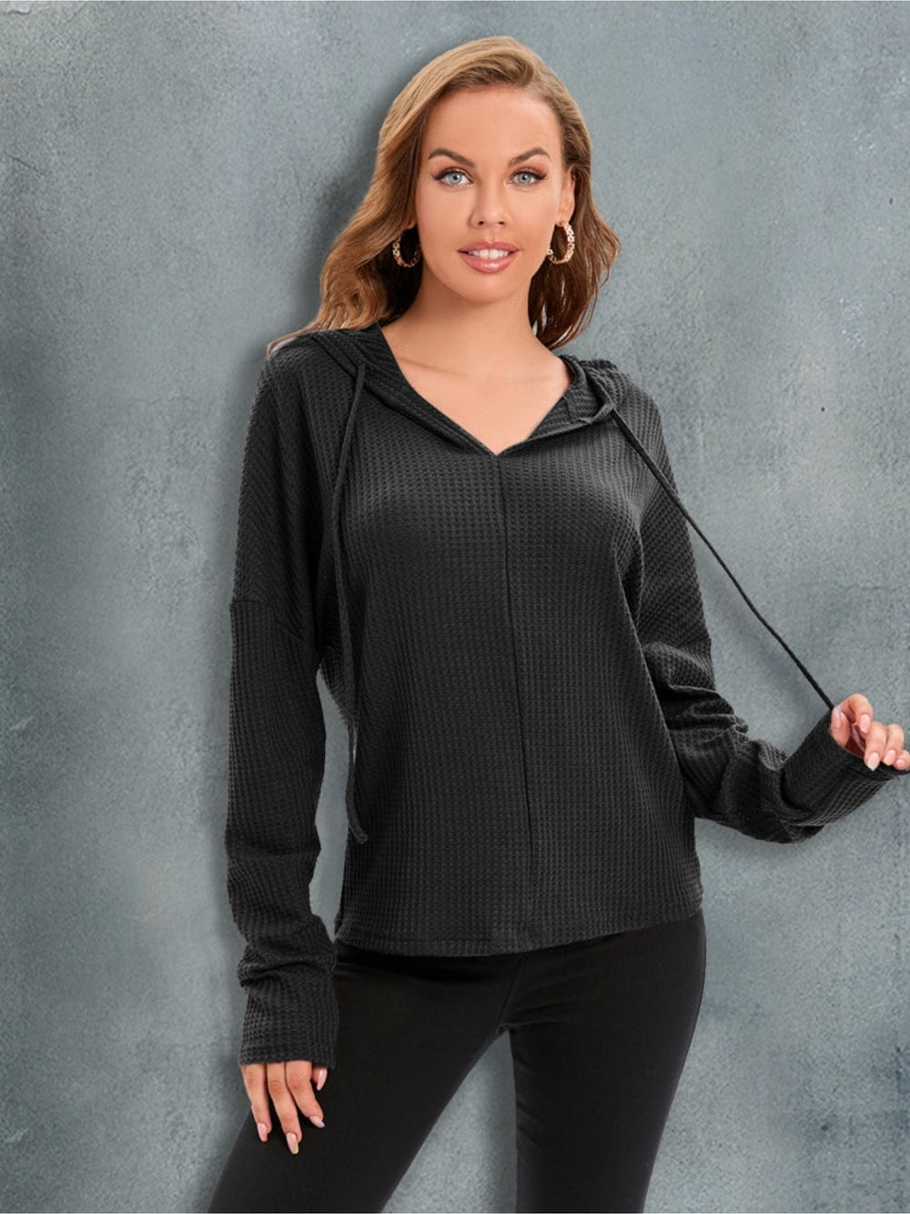 Waffle-Knit Drawstring Drop Shoulder Hoodie nicholesgifts