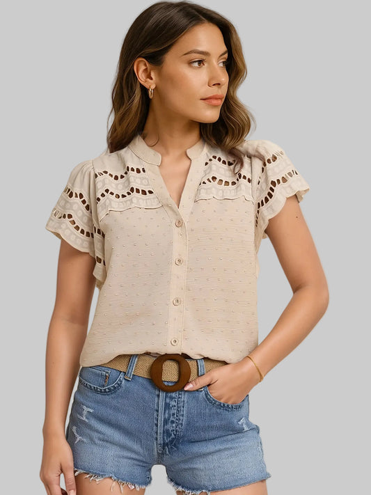 Swiss Dot Cutout Button Down Shirt nicholesgifts