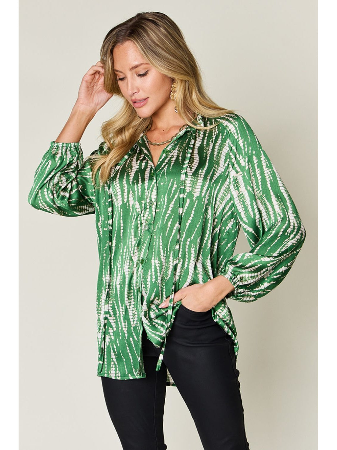 Women Double Take Full Size Printed Button Up Long Sleeve Shirt nicholesgifts