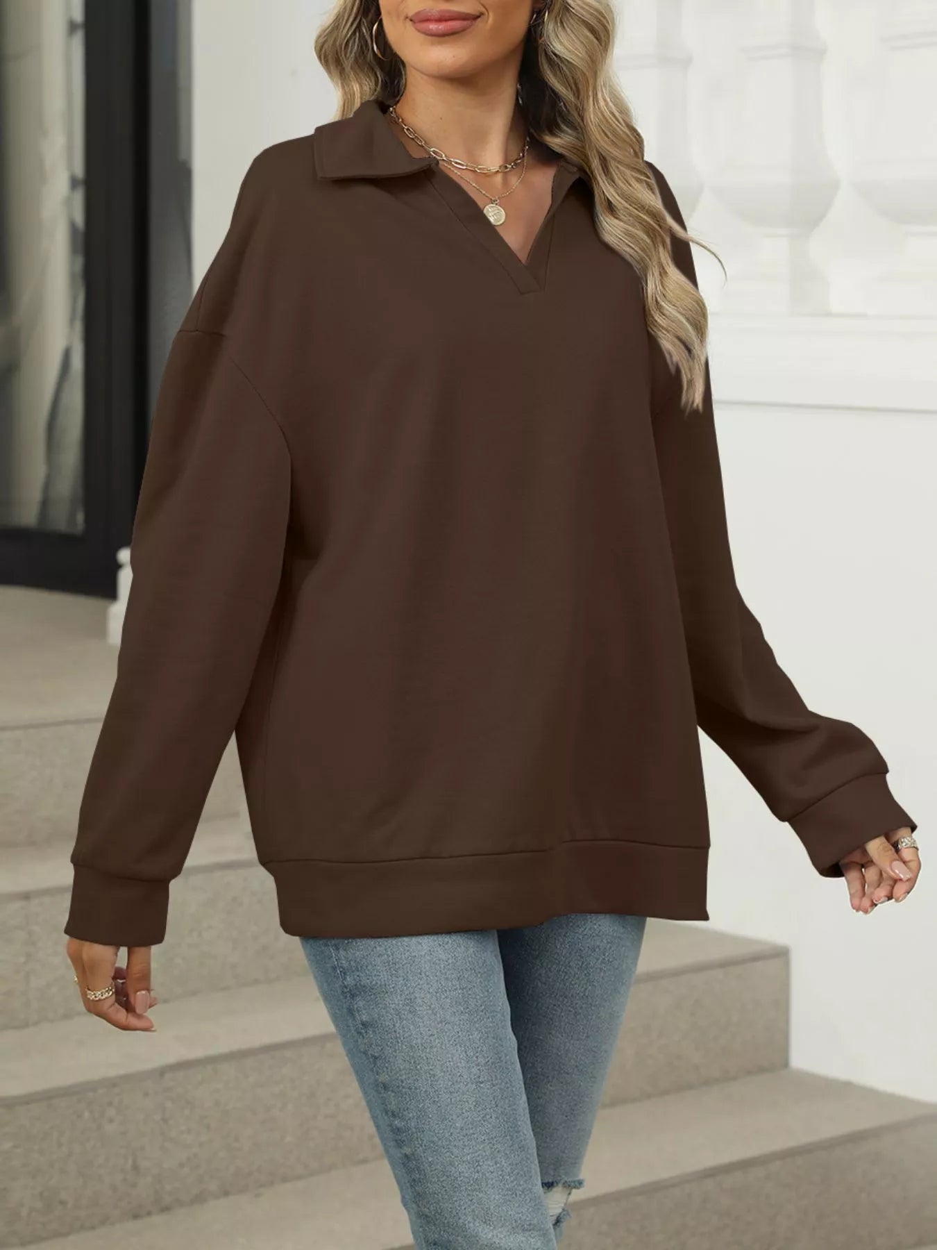 Johnny Collar Long Sleeve Sweatshirt Trendsi