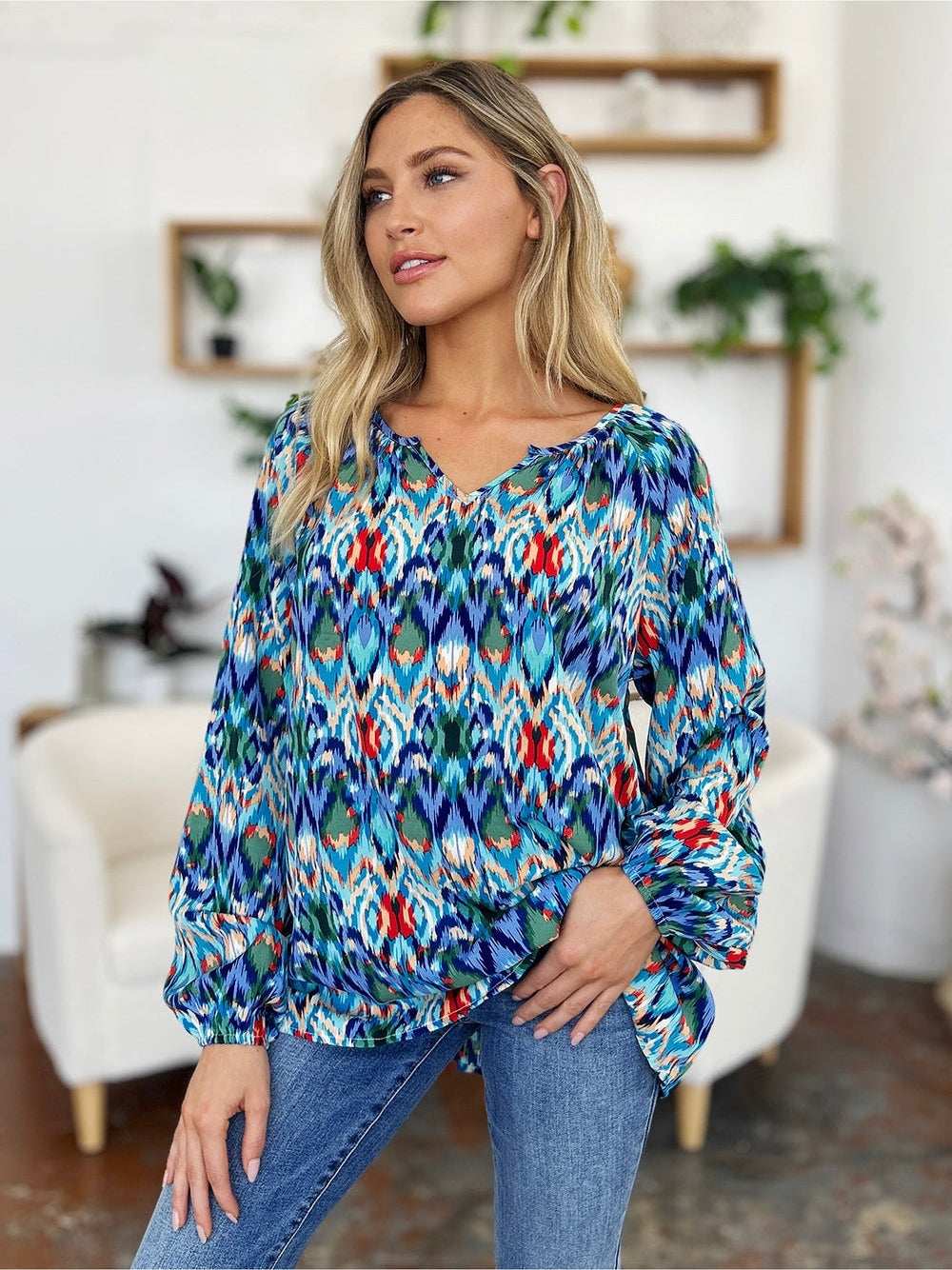 Women Double Take Full Size Printed Balloon Sleeve Blouse nicholesgifts