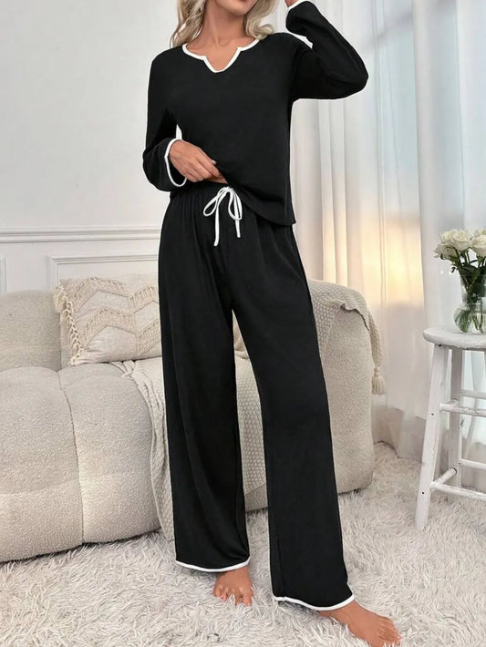 Contrast Trim Notched Long Sleeve Top and Pants Lounge Set nicholesgifts