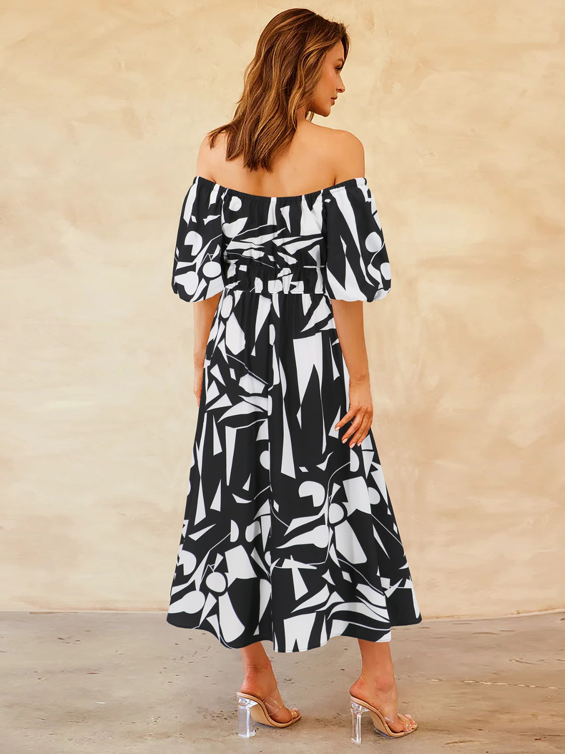 Printed Off-Shoulder Balloon Sleeve Dress nicholesgifts