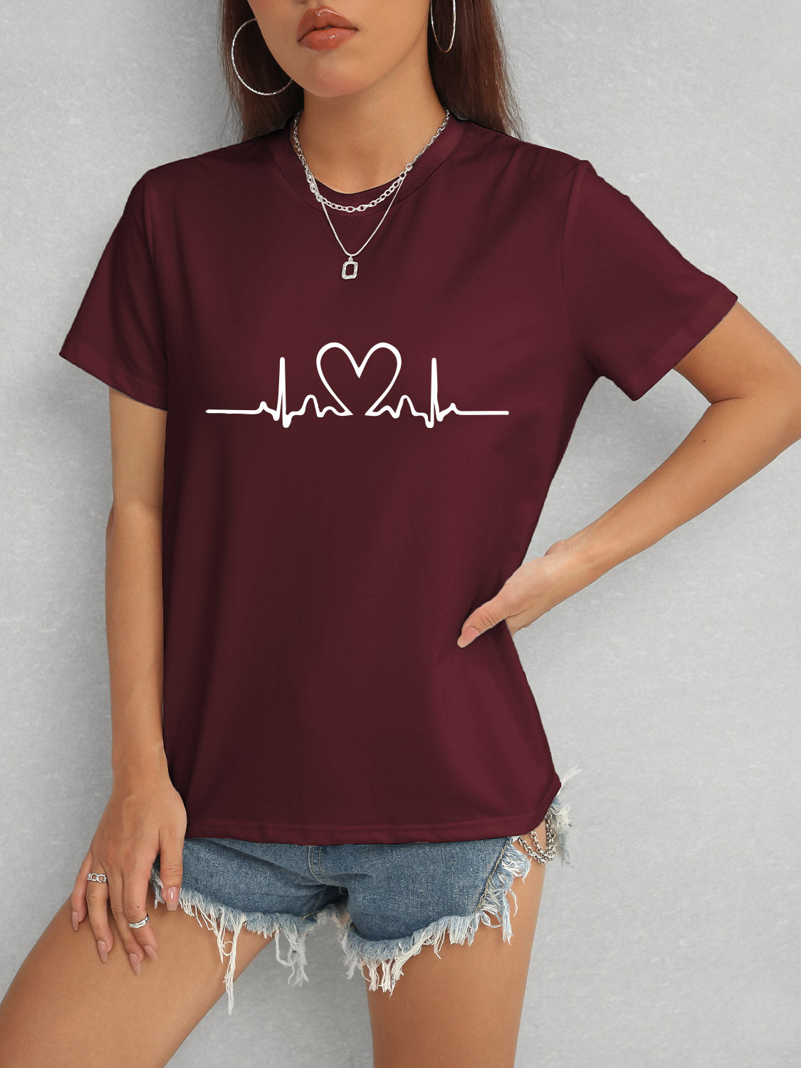 Heart Round Neck Short Sleeve T-Shirt nicholesgifts