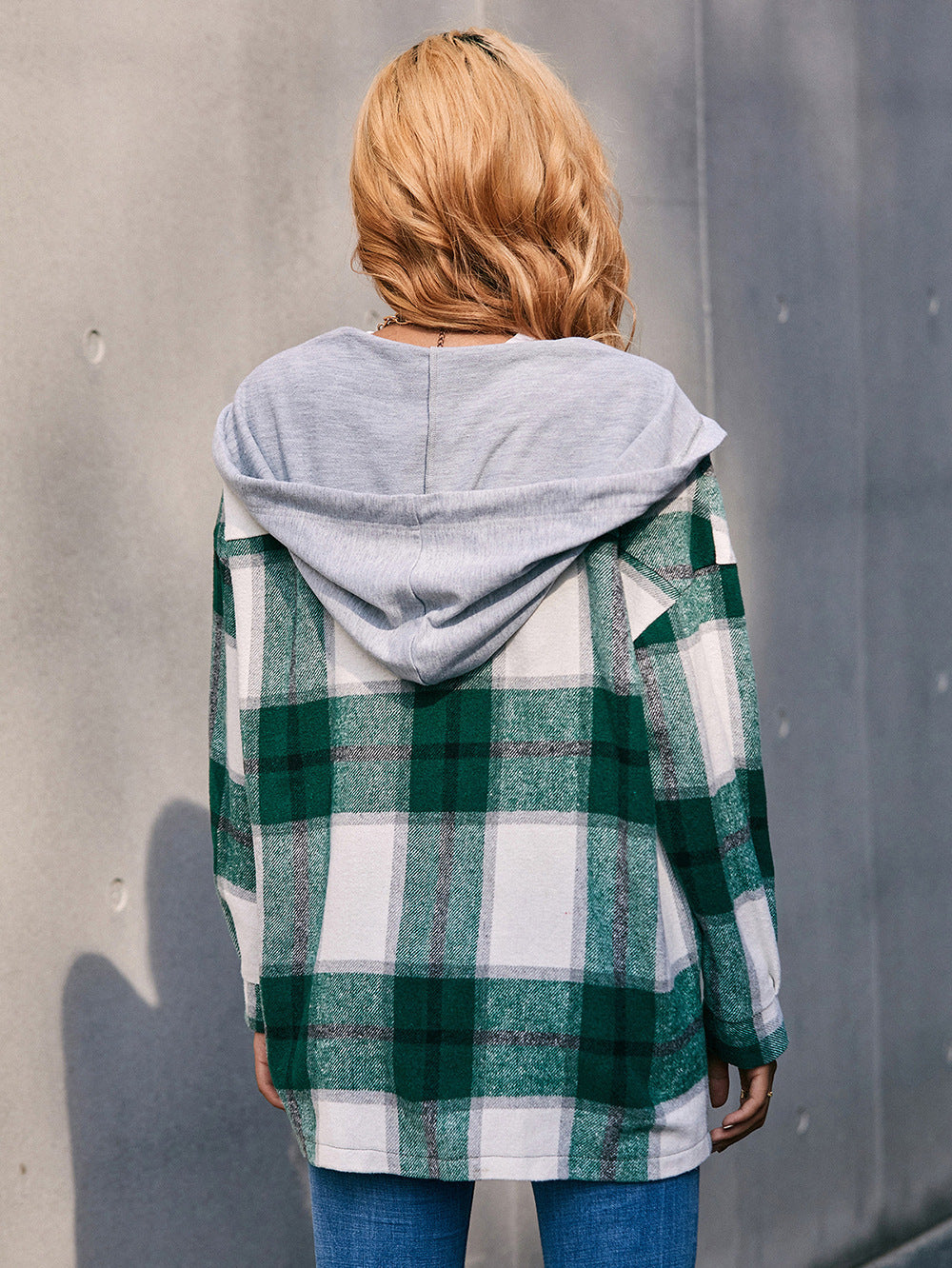 Women Ivy Lane Plaid Dropped Shoulder Hooded Jacket nicholesgifts