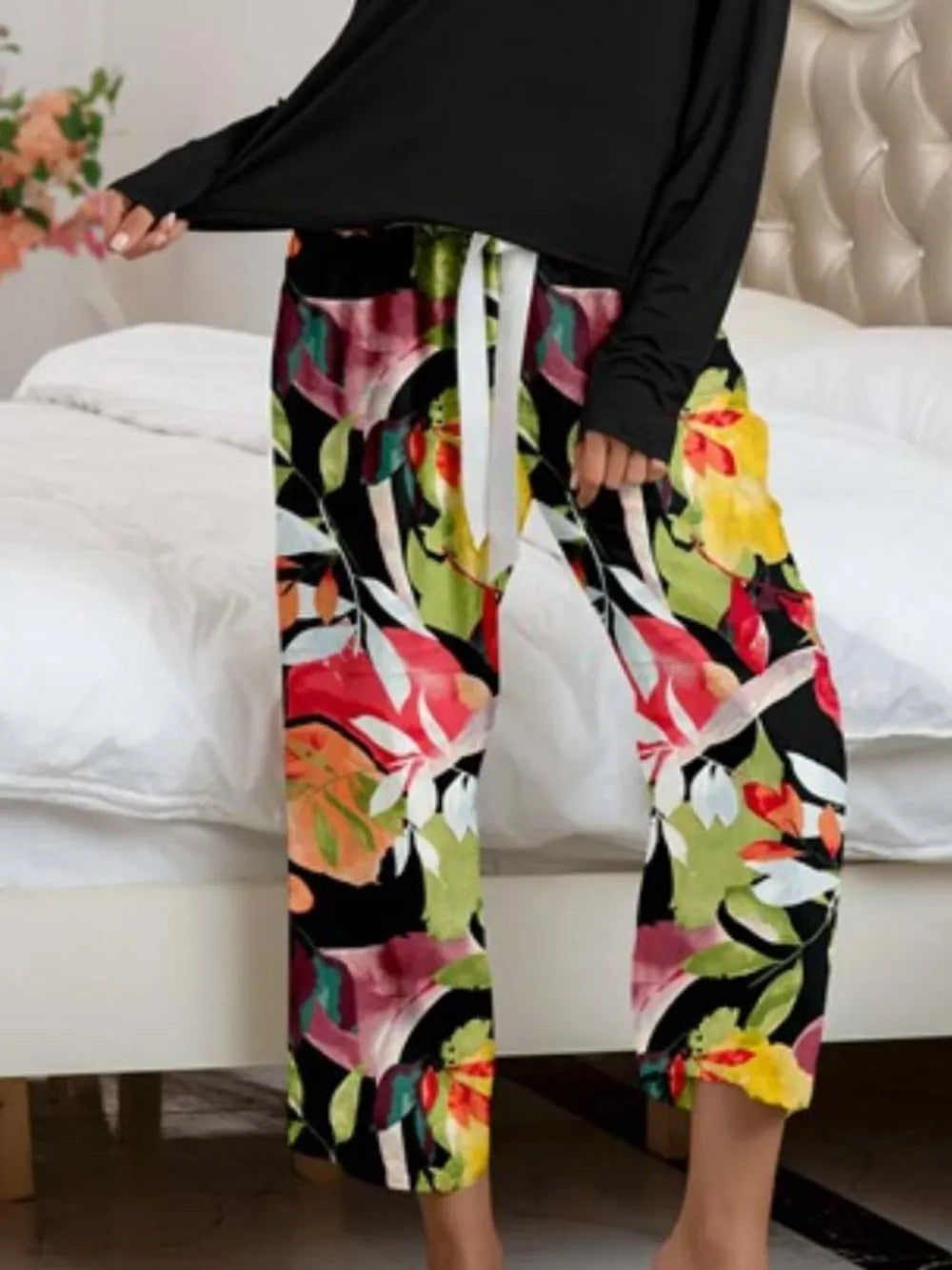 Round Neck Top and Printed Pants Lounge Set nicholesgifts