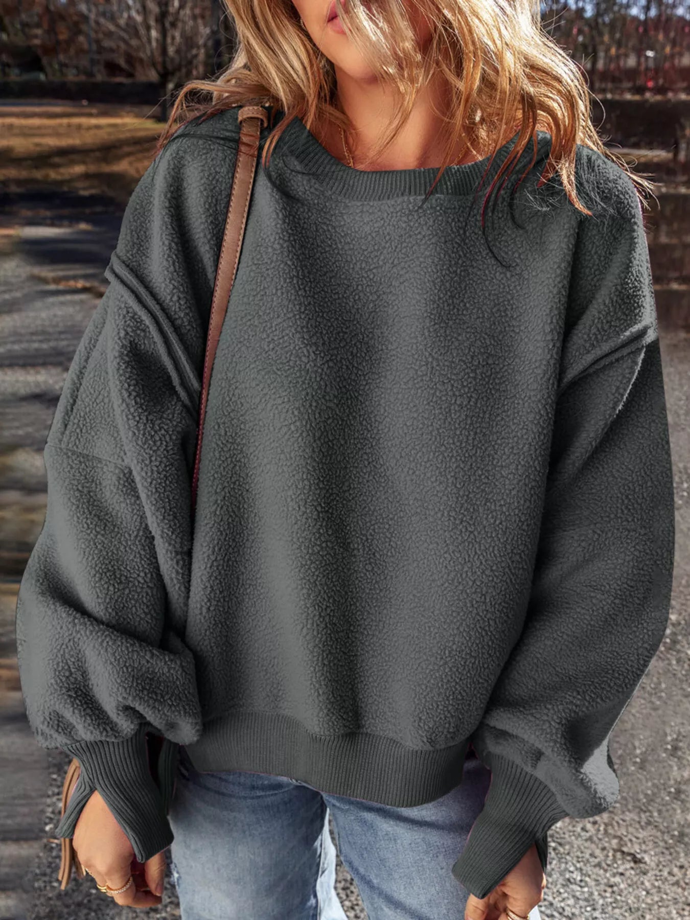 Round Neck Dropped Shoulder Sweatshirt Trendsi