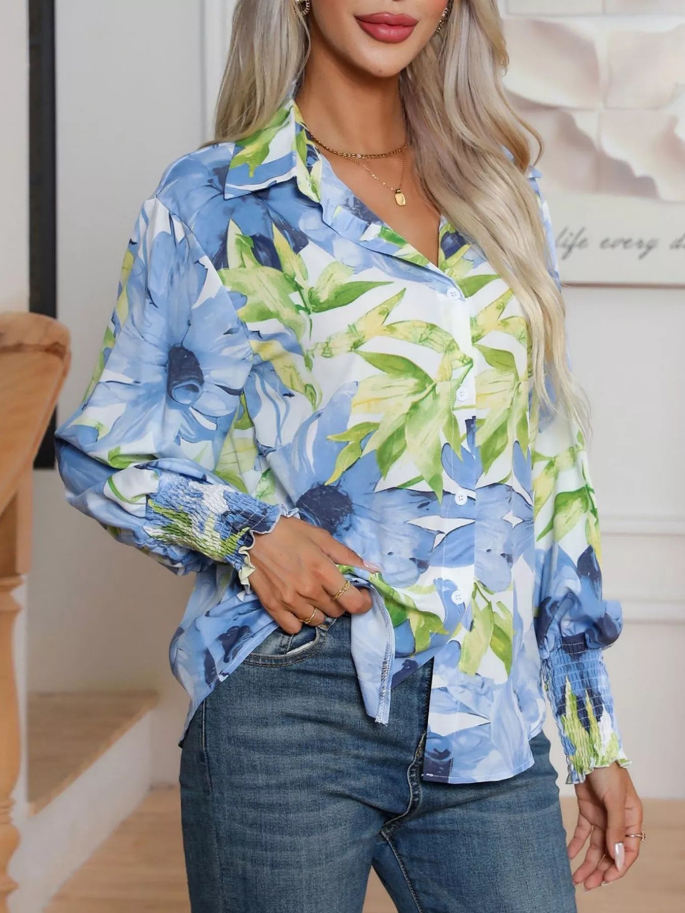 Printed Button Up Long Sleeve Shirt NicholesGifts