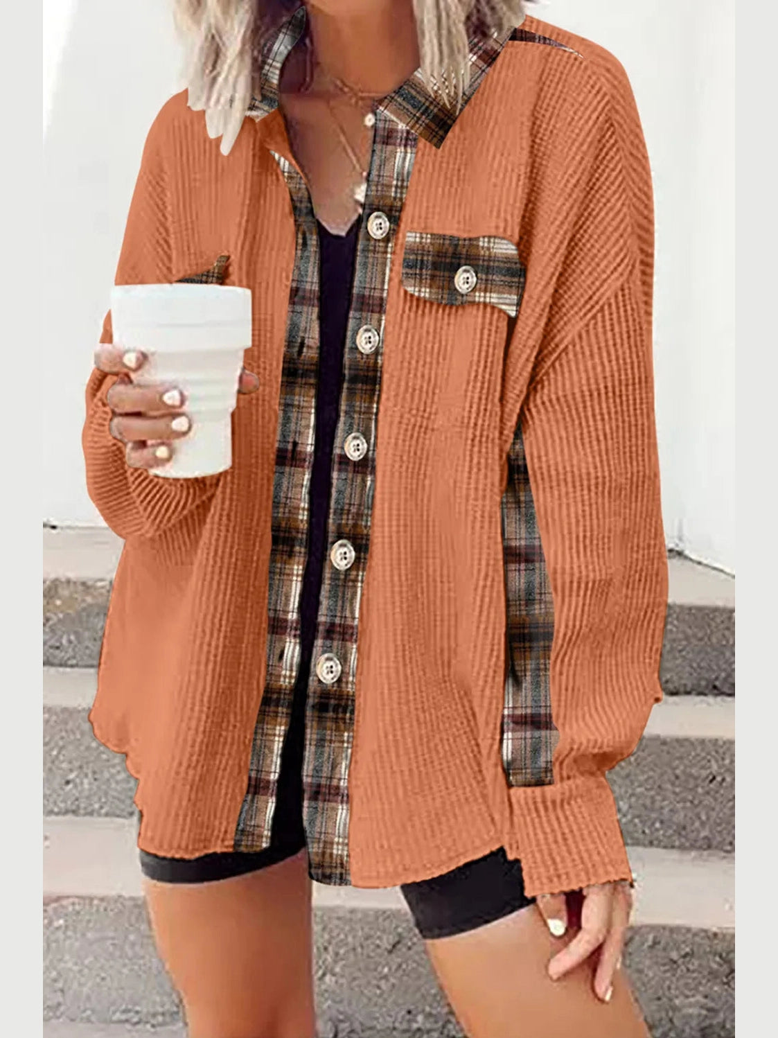 Plaid Button Down Collared Jacket nicholesgifts