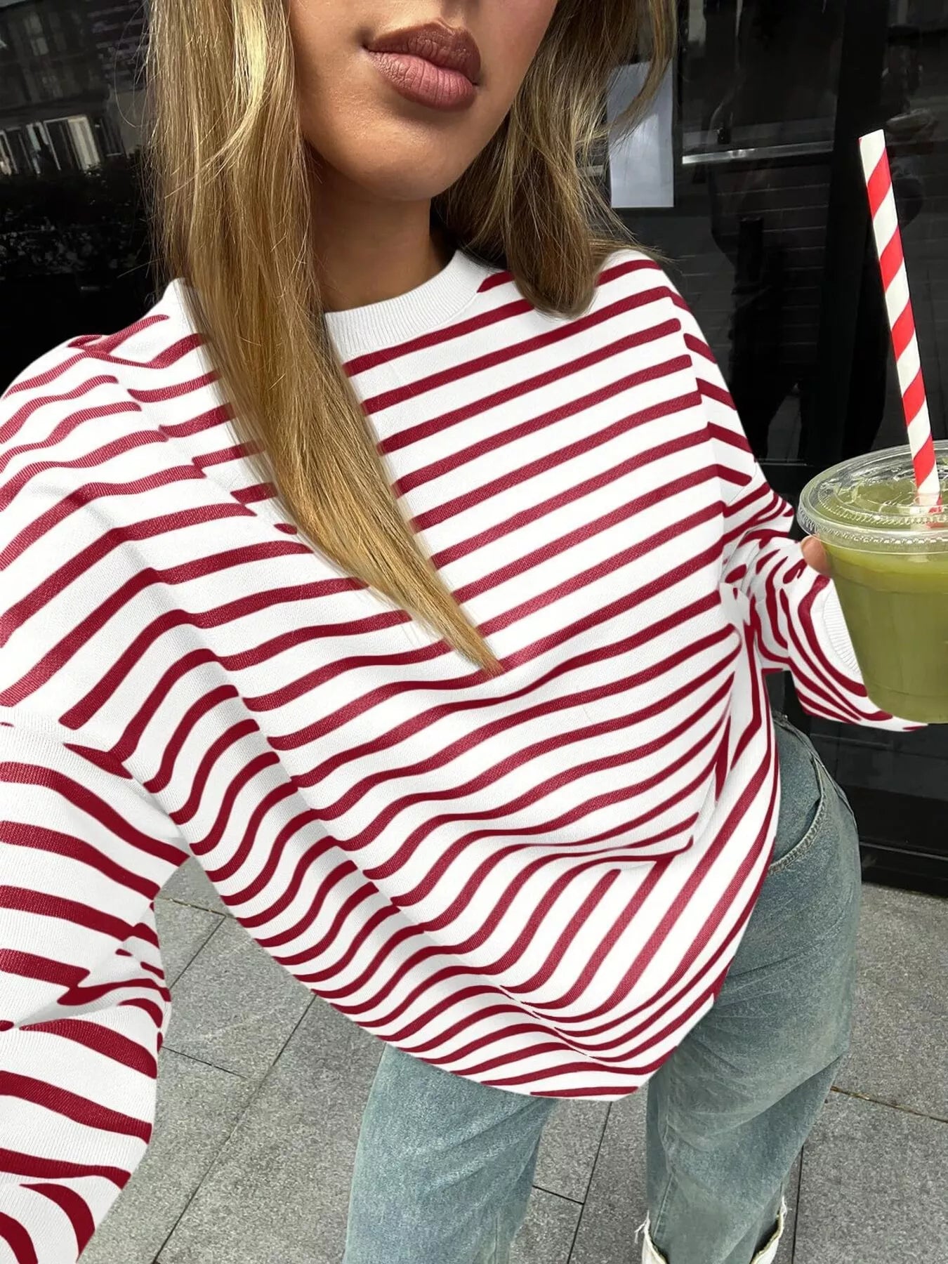 Striped Round Neck Oversized Casual Sweatshirt Trendsi