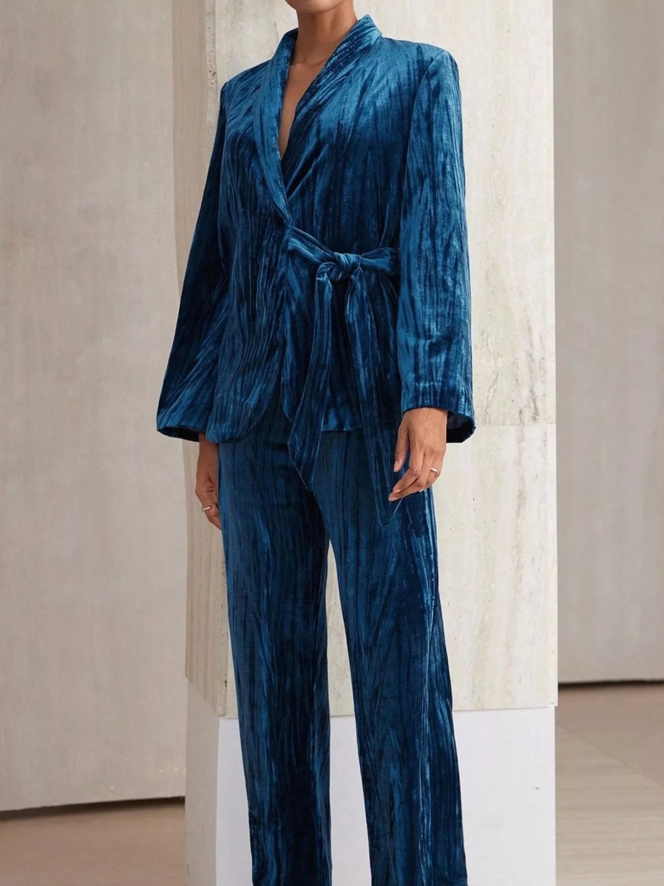 Velvet Tie Waist Blazer and Pants Set nicholesgifts