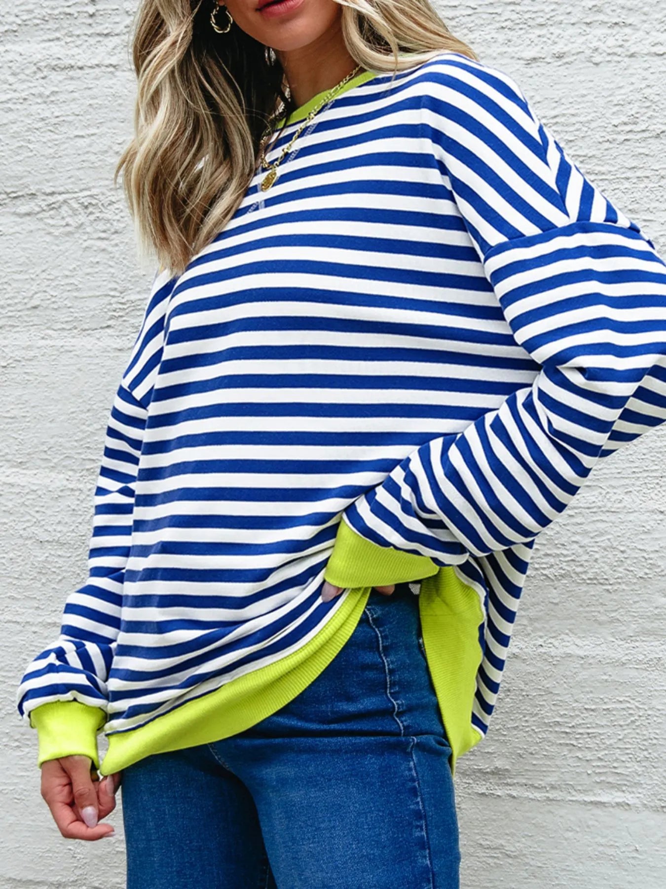 Striped Contrast Ribbed Trim Drop Shoulder Sweatshirt