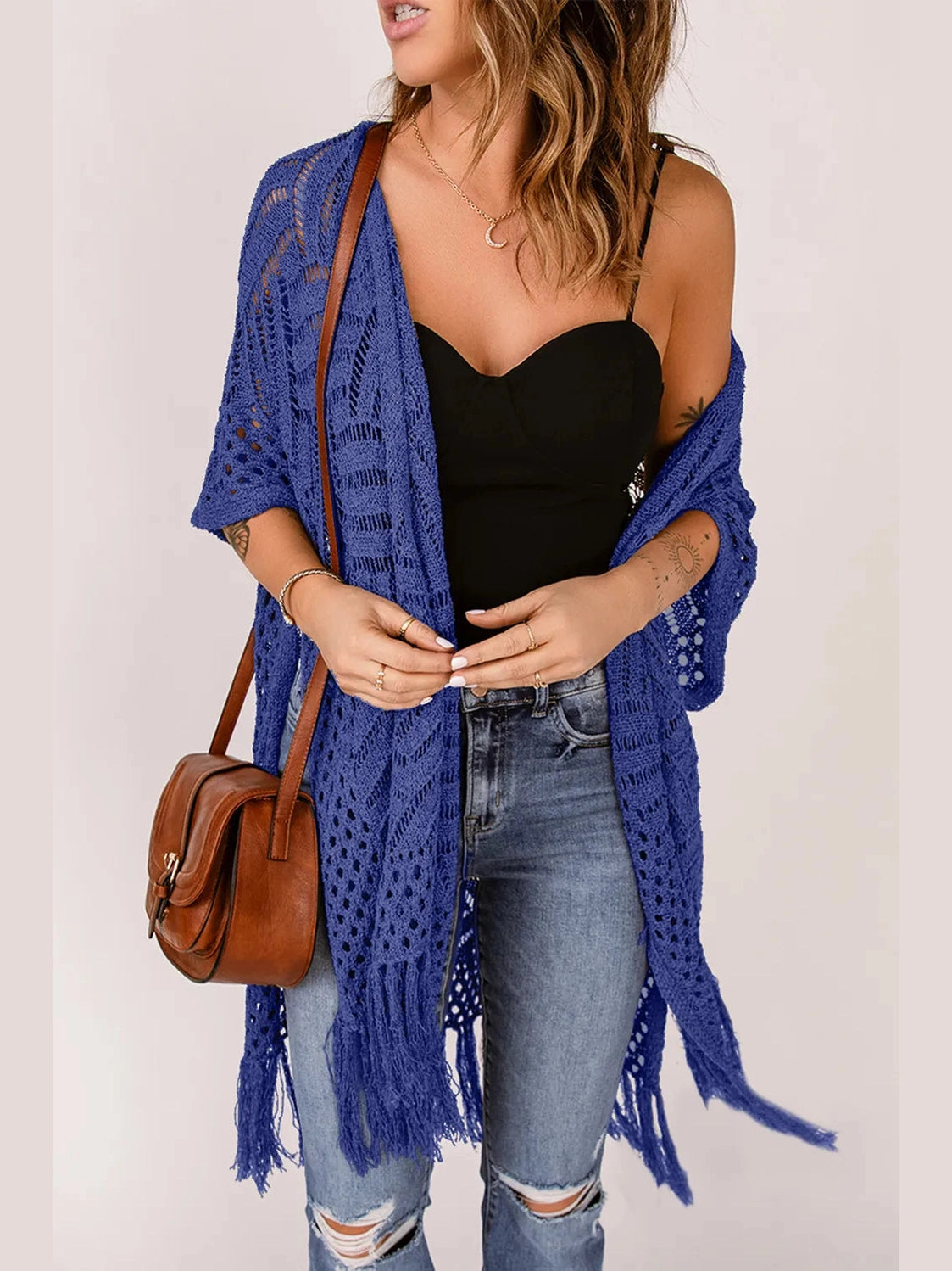 Openwork Open Front Cardigan with Fringes nicholesgifts