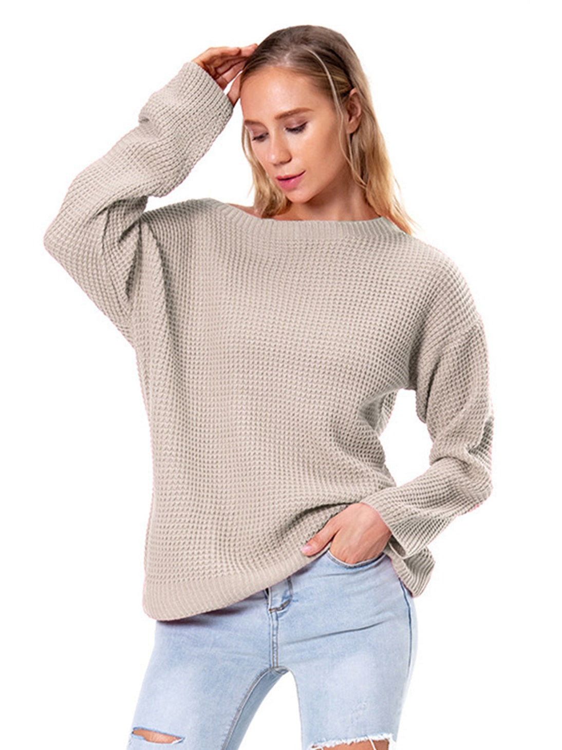 Boat Neck Drop Shoulder Long Sleeve Sweater nicholesgifts