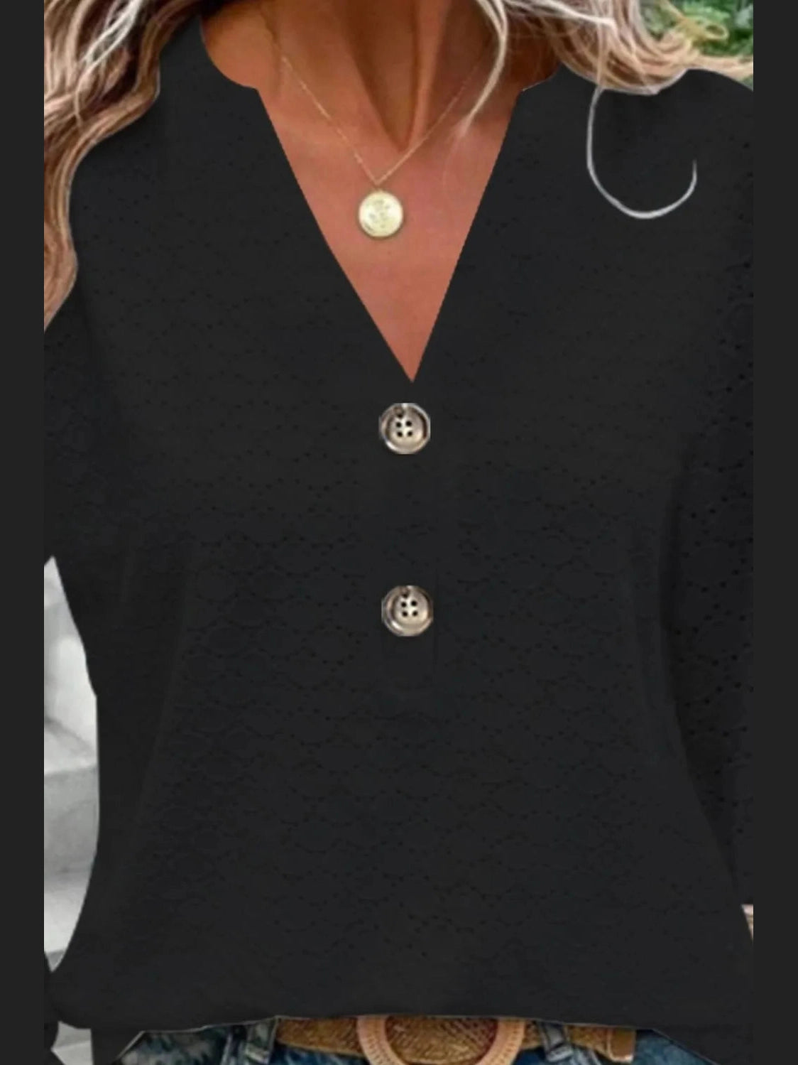 Eyelet Notched Long Sleeve T-Shirt