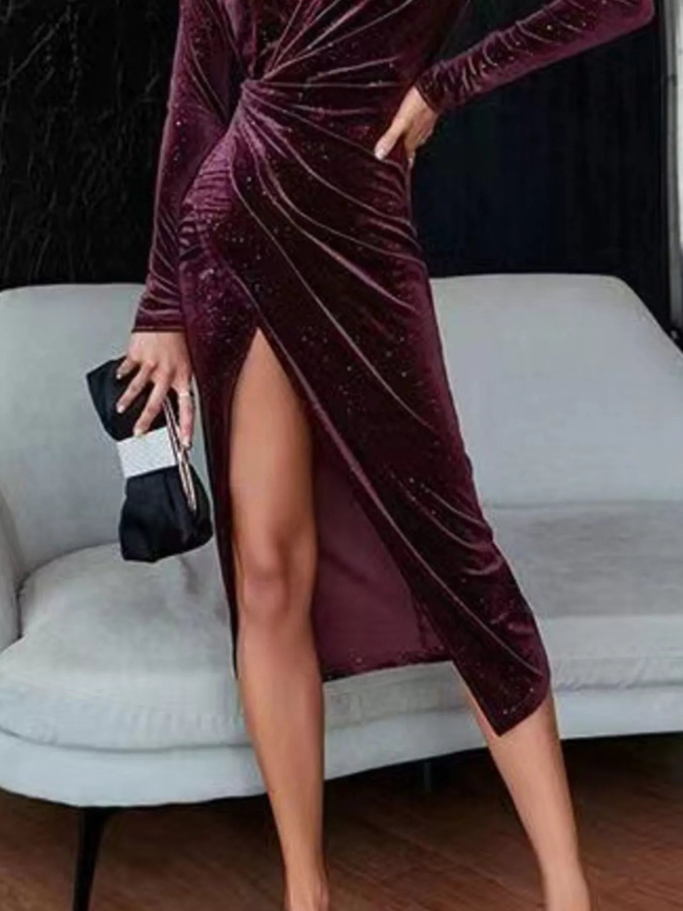 Velvet Ruched Slit Midi Dress nicholesgifts