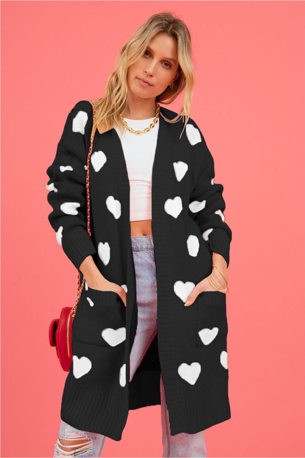 Heart Graphic Open Front Cardigan with Pockets nicholesgifts