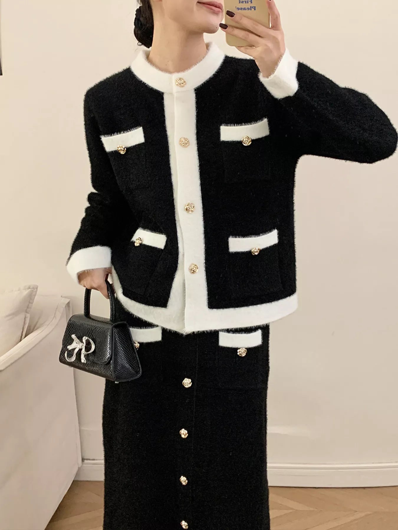 Contrast Trim Jacket and Skirts Sweater Set nicholesgifts
