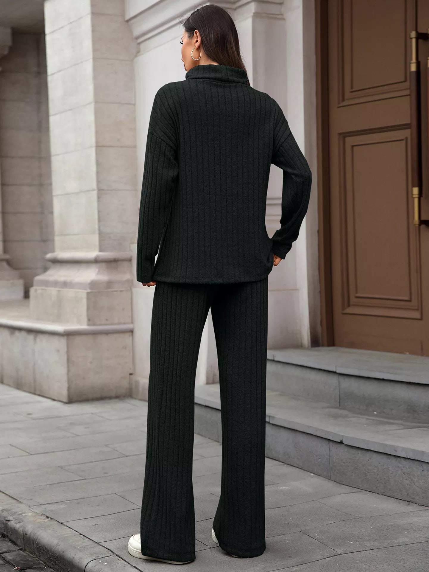 Ribbed Turtleneck Dropped Shoulder Top and Pants Sweater Set Trendsi