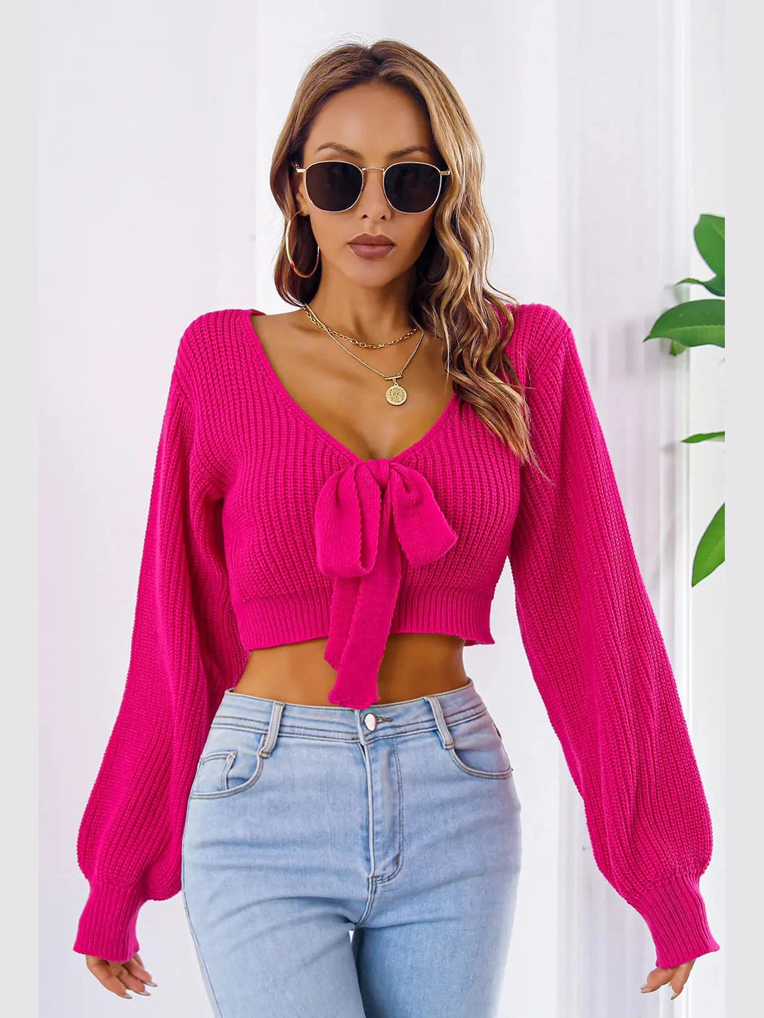 Bow V-Neck Long Sleeve Cropped Sweater nicholesgifts