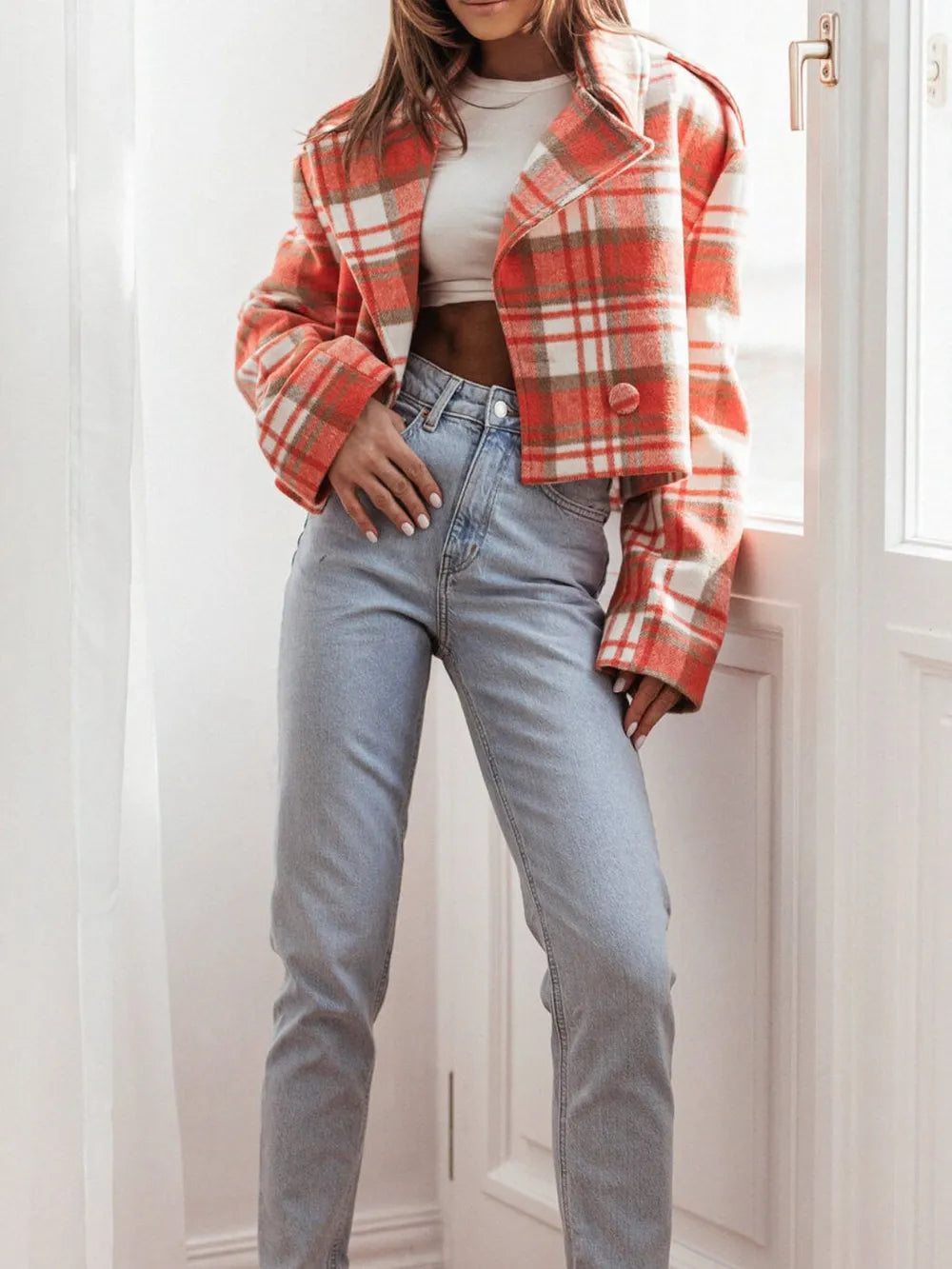 Lapel Collar Plaid Cropped Jacket Trendsi